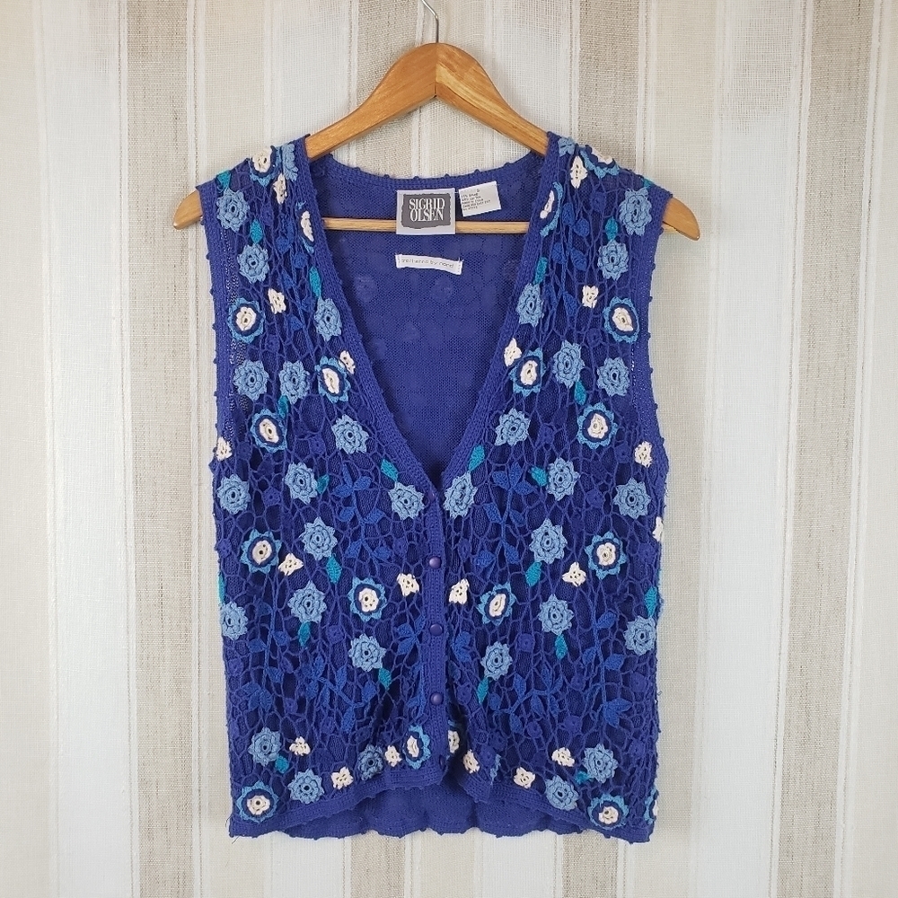 Vintage Sigrid Olsen Crocheted by Hand Sweater Vest Blue‎ Size Small